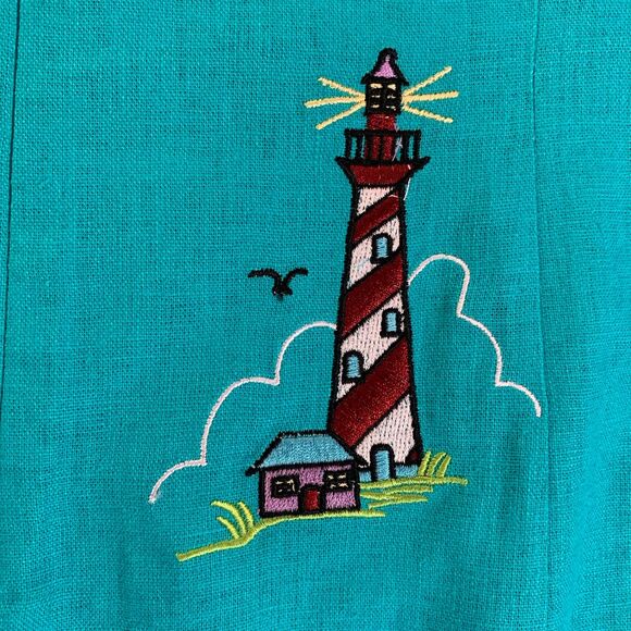 Vintage Dress Linen Embroidered 12 14 XL Lighthouses Nautical Marine Blue Teal - Picture 12 of 16